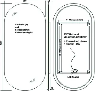 sanibel Leuchtspiegel LED-EP2 Ellipse A25 m. indirekter Beleuchtung 850x1800mm – Bild 3