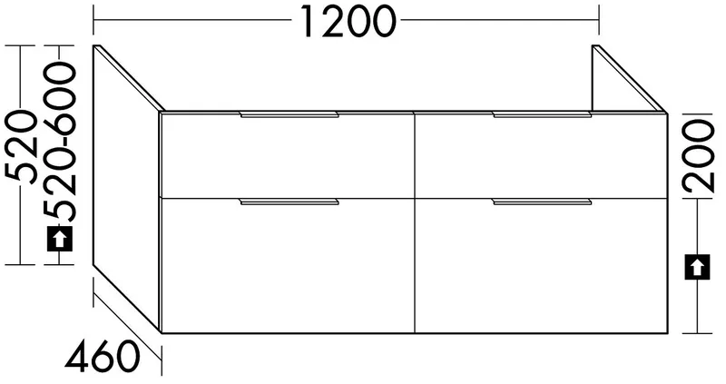 sanibel-DWT-Unterbau 2.0 FLEX WSDB120 bis 1200mm 2 Schubl/2 Auszüge Sonderanf.