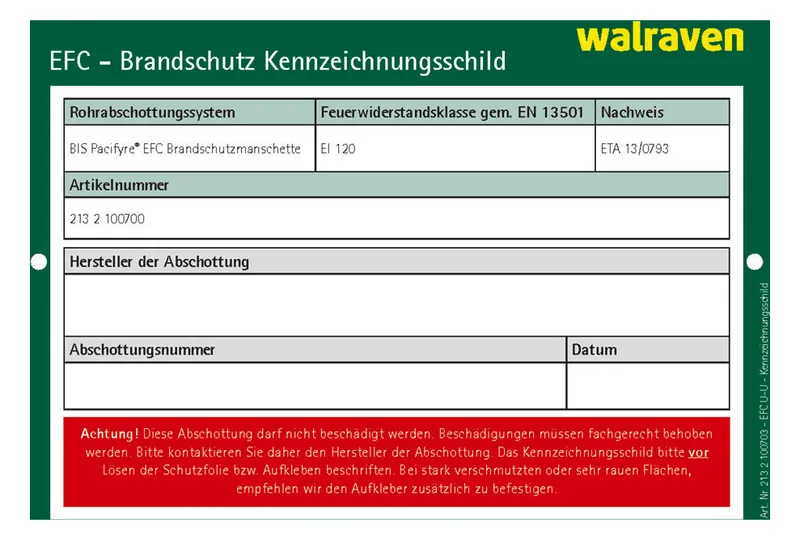 Walraven Zubehör Pacifyre EFC Kennzeichnungsschild f. Wand u. Decke
