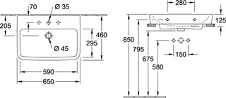 Villeroy & Boch Waschtisch O.novo 650x460mm Eckig 1HL. m. ÜL. geschliffen Weiß Alpin AntiBac cplus – Bild 4