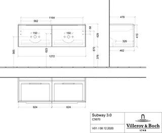 Villeroy & Boch WTUS Subway 3.0 C56702 1272x429x462mm 2 Ausz. Waschtisch m.tig Cashmere Grey – Bild 4