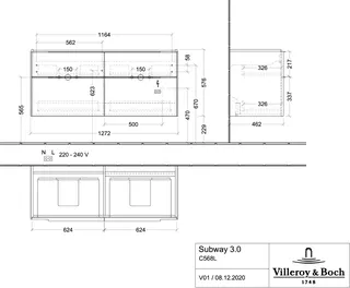 Villeroy & Boch WTUS Subway 3.0 C568L0 1272x576x462mm m. Bel. 4 Ausz. Waschtisch m.tig Volcano Black – Bild 4