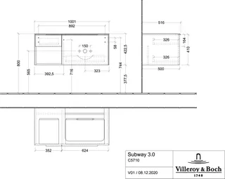 Villeroy & Boch WaschbeckenUS Subway 3.0 01 1001x423 x500mm 2 Ausz. Waschbecken rechts Graphite – Bild 3