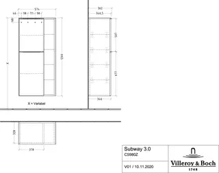 Villeroy & Boch Mittelschrank Subway 3.0 02 574x1200x346mm 2 Türen A:li Graphite – Bild 3