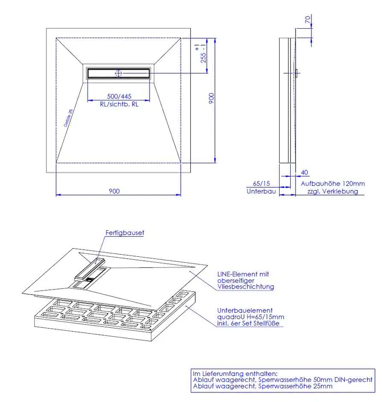 SD barr-frei Dusche LINE Rinne SCHEDEL 900x900 (Rinne 500 mm)