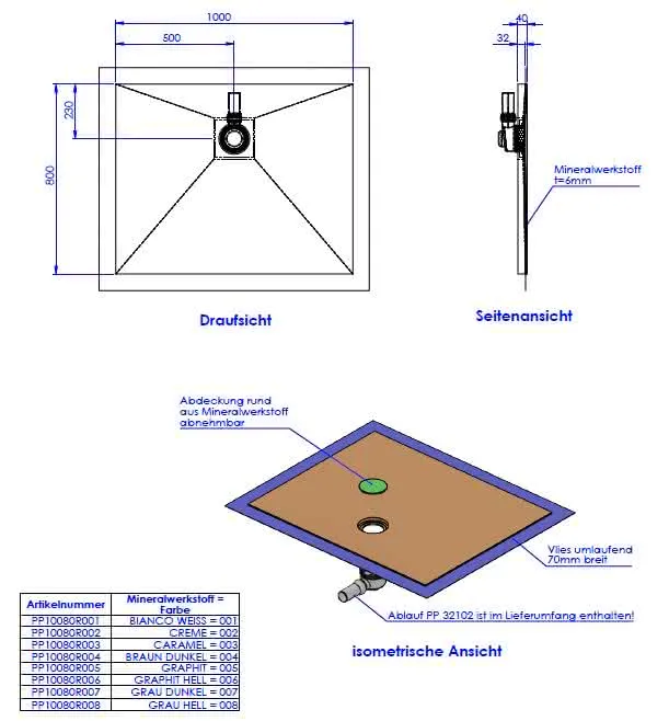 SD barr-frei Dusche Mineral 005 Round 1000x800 mm, Ablaufpos. 500/230 mm