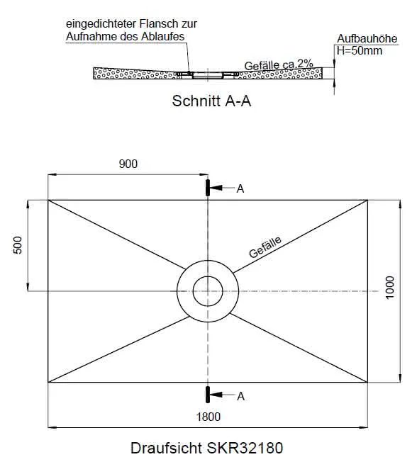 SD barr-frei Dusche PLAN Abl. KESSEL R 1800x1000x50 Abl.mittig