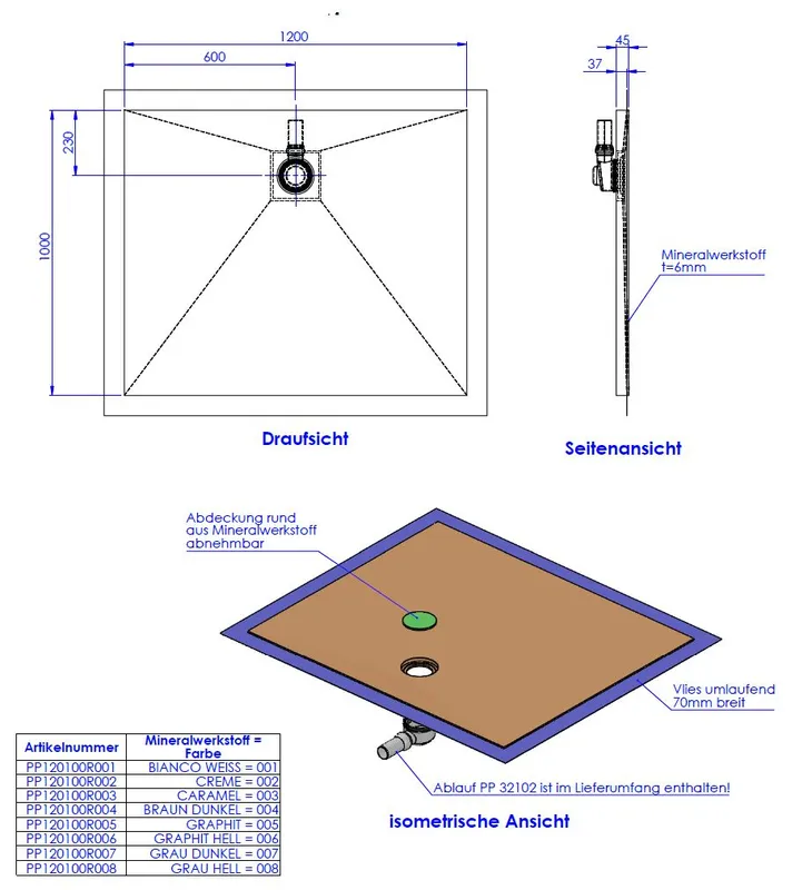SD barr-frei Dusche Mineral 001 Round 1200x1000 mm Ablaufpos. 600/230 mm