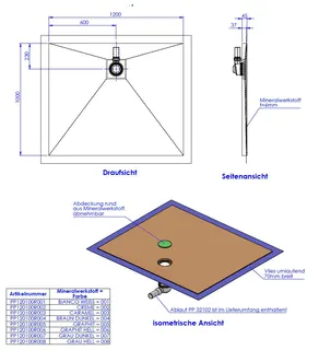 SD barr-frei Dusche Mineral 001 Round 1200x1000 mm Ablaufpos. 600/230 mm