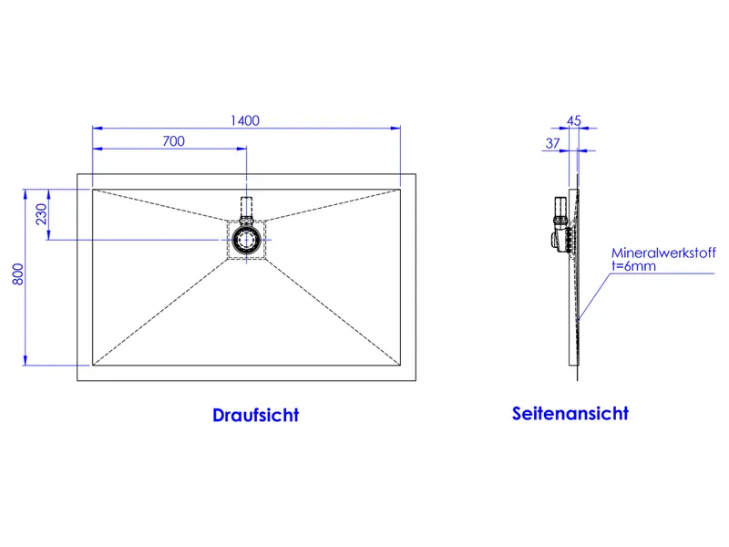 SD barr-frei Dusche Mineral 001 Round 1400x800 mm Ablaufpos. 700/230 mm