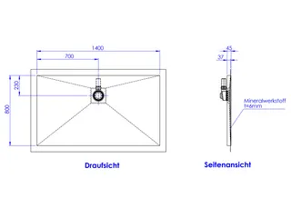 SD barr-frei Dusche Mineral 001 Round 1400x800 mm Ablaufpos. 700/230 mm