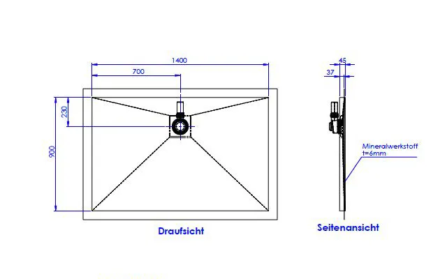 SD barr-frei Dusche Mineral 001 Round 1400x900 mm, Ablaufpos. 700/230 mm