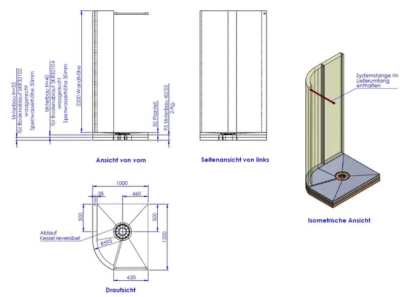 SD Duschanlage PARABOLA 2200x1200/1000 mm rechts