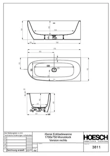 Hoesch Badewanne iSensi Eck 1700x750 Monolith rechts mit Überlaufschlitz, ang. Sch. – Bild 3