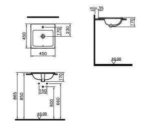 VitrA Einbauwaschtisch S20 450 x 450 mm quadratisch Hahnloch Überlaufl. Weiß HG – Bild 2