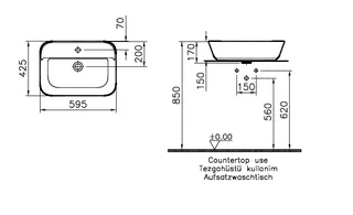 VitrA Aufsatzwaschtisch Geo eckig 595x425mm geschliffen Hahnloch Überlauf Weiß HG – Bild 2