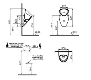 VitrA Urinal Plural Netzanschluss (230 V) 330 x 345 x 605mm Zulauf hinten Weiß HGL – Bild 2