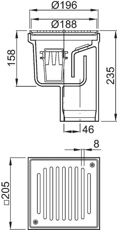 ACO Bodenablauf Guss DN100 90 Grad/ 2,0l/s/ K3/mit Rost+WS/Anstrich