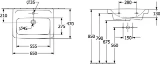 Villeroy & Boch Waschbecken Newo 650x470mm Eckig 1HL. mit Überlauf Weiß Alpin – Bild 3