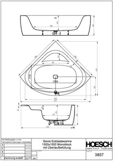 Hoesch Badewanne iSensi Eck 1500x1500 Monolith mit Überlaufbefüllung Weiß, ang. Sch. – Bild 3