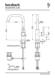 DEEP Waschtisch-Einlochbatterie L-Size Griff seitl. mit Ablauf Chrom – Bild 2