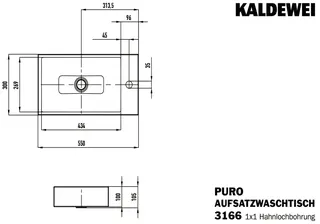 Kaldewei WB PURO AUFSATZ-HANDWASCHTISCH Mod. 3166,550x300mm,alpwe,PEFF,AD,m. 1HL,oÜL – Bild 2