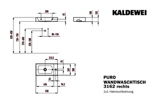 Kaldewei WB PURO WAND-HANDWASCHTISCH Mod.3162, 550x300mm,sm100,PEFF,AD,m. 1HL,oÜL – Bild 4