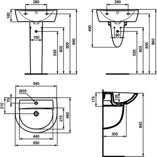 Ideal Standard Waschtisch Eurovit, 1 Hahnloch, mit Überlauf, 550x460x160mm, Weiß – Bild 2
