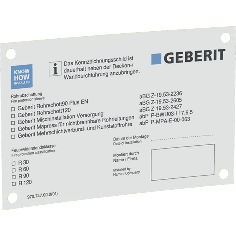 Geberit Kennzeichnungsschild für Rohrabschottungen