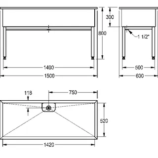 Aquarotter Werkraumbecken, SIRIUS, Edelstahl, 1500x800x600 mm, Unterbau – Bild 3