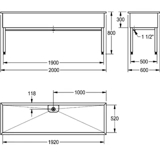 Aquarotter Werkraumbecken, SIRIUS, Edelstahl, 2000x800x600 mm, Unterbau – Bild 3