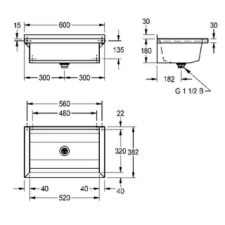 Aquarotter Waschrinne, PLANOX, Edelstahl, Wandmontage, 600x210x382 mm, o. Arm-bank – Bild 3