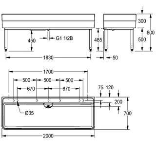 Aquarotter Werkraumbecken, SIRIUS, MIRANIT, 2000x800x700 mm, Unterbau – Bild 3