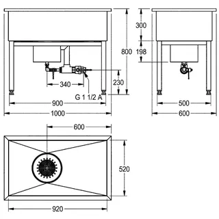 Aquarotter Werkraumbecken, SIRIUS, Edelstahl, 1000x800x600 mm, U-Bau, Schlammfang – Bild 3
