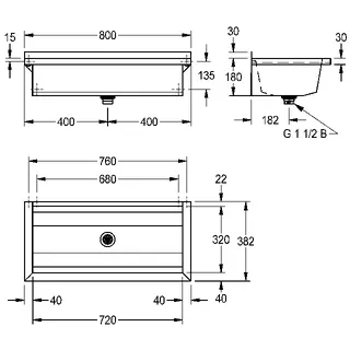 Aquarotter Waschrinne, PLANOX, Edelstahl, Wandmonatge, 800x210x382 mm, o. Arm-bank – Bild 3