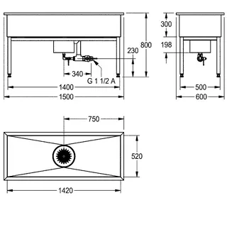Aquarotter Werkraumbecken, SIRIUS, Edelstahl, 1500x800x600 mm, U-Bau, Schlammfang – Bild 3