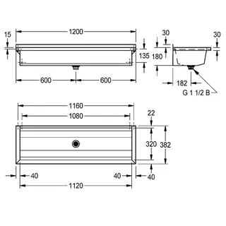 Aquarotter Waschrinne, PLANOX, Edelstahl, W.-Mont., 1200x210x382 mm, o. Arm-bank – Bild 3