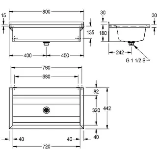 Aquarotter Waschrinne, PLANOX, Edelstahl, W.-Mont., 800x210x442 mm, m. Arm-bank – Bild 3