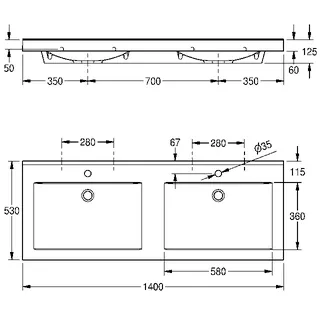 Aquarotter Doppelwaschtisch, QUADRO, MIRANIT, 1400x125x530 mm, Mulden re-eckig, Hl. – Bild 3
