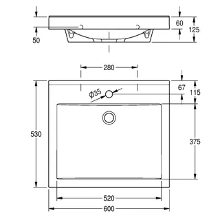 Aquarotter Einzelwaschtisch, QUADRO, MIRANIT, 600x125x530 mm, Mulde re-eckig, Hahnloch – Bild 3