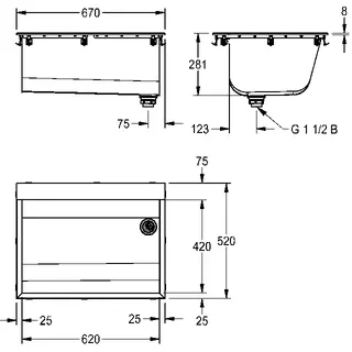 Aquarotter Einlegewaschtrog, SIRIUS, Edelstahl, 670x281x520 mm, Ablauf rechts – Bild 3