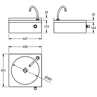 Aquarotter Einzelwaschtisch, ANIMA, Edelstahl, 450x204x451 mm, Kniebetätigung – Bild 3