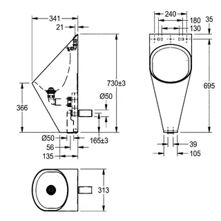 Aquarotter Urinal, CAMPUS, Edelstahl, f. AP-Spüler, 313x733x341 mm – Bild 3