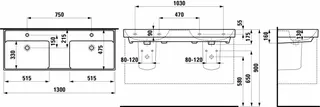 SCALIDO-Doppelwascht. eckig 1300x475mm SCC ohne Hahnl/Überlauf unterbauf. weiß – Bild 2