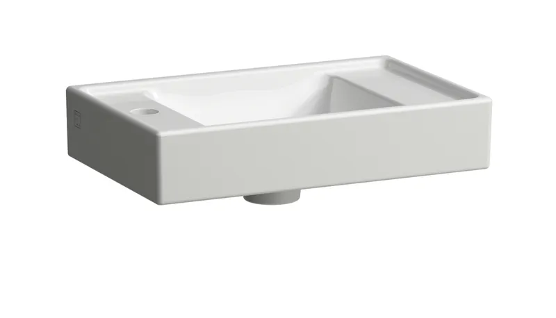 SCALIDO-Handwaschbecken eckig 450x280mm m SCC 1HL links o. Überl unterbauf weiß