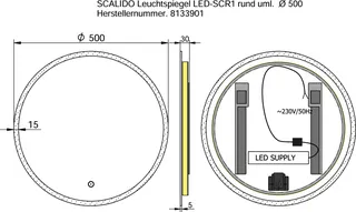 SCALIDO-Leuchtspiegel LED-SCR1 rund uml. Lichtstreifen/Lichtwech./Schalter 500mm – Bild 2
