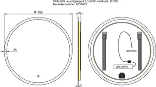 SCALIDO-Leuchtspiegel LED-SCR1 rund uml. Lichtstreifen/Lichtwech./Schalter 700mm – Bild 2