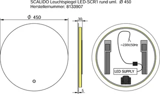 SCALIDO-Leuchtspiegel LED-SCR2 rund mit Hintergrundbel./Lichtw./Schalter 450mm – Bild 2