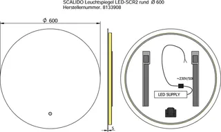 SCALIDO-Leuchtspiegel LED-SCR2 rund mit Hintergrundbel./Lichtw./Schalter 600mm – Bild 2