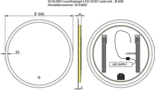 SCALIDO-Leuchtspiegel LED-SCR1 rund uml. Lichtstreifen/Lichtwech./Schalter 600mm – Bild 2
